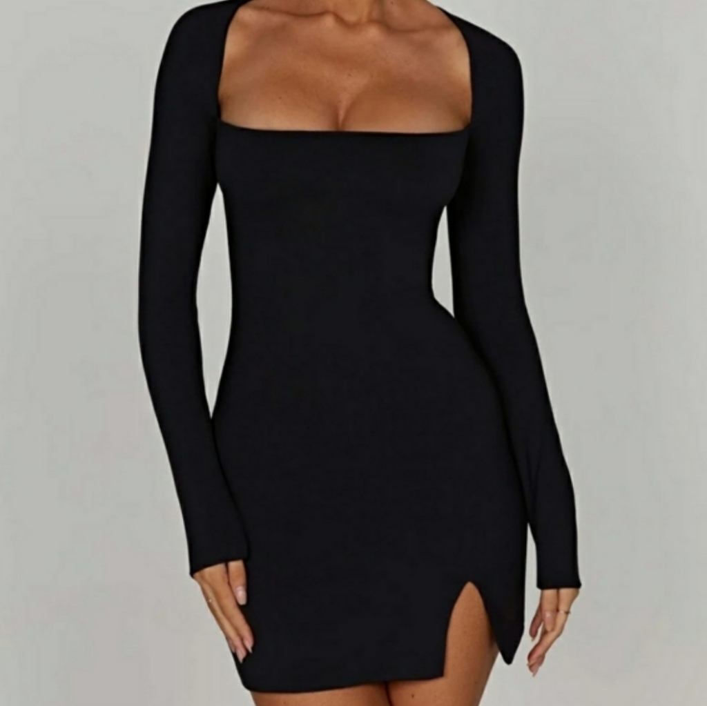 Long Sleeve Square Neck Black Bodycon Dress